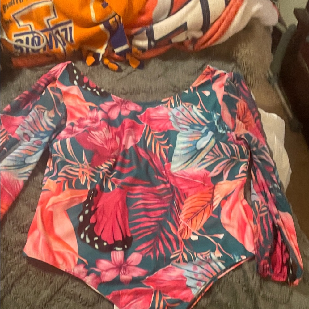 SHEIN Tropical Floral Long Sleeve One-Piece Swimsuit - Pink & Teal